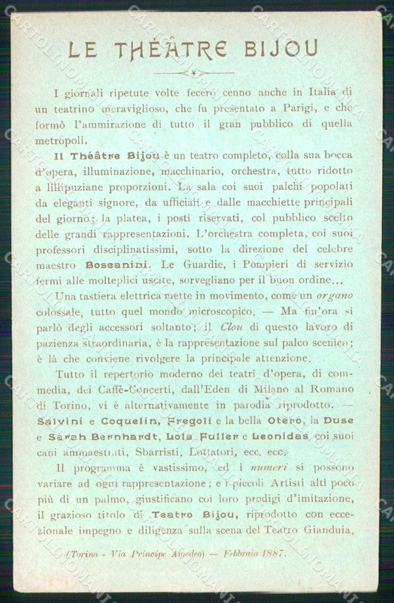Torino Città Marionette Torinesi Teatro Bijou Biglietto formato cartolina MX0372 – retro