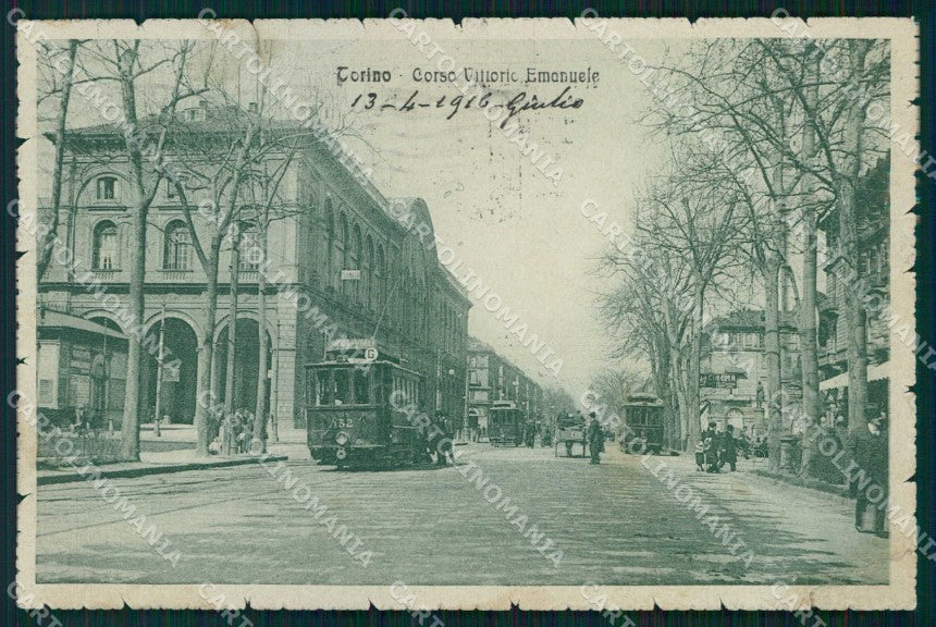 Torino Città Corso Vittorio Emanuele Tram PIEGHINA RIPARATA cartolina MX0439 – fronte