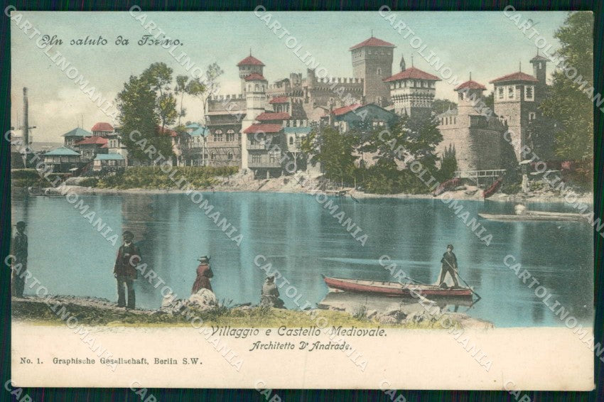Torino Città Saluto da Villaggio Castello Medioevale Barca cartolina MX0443 – fronte