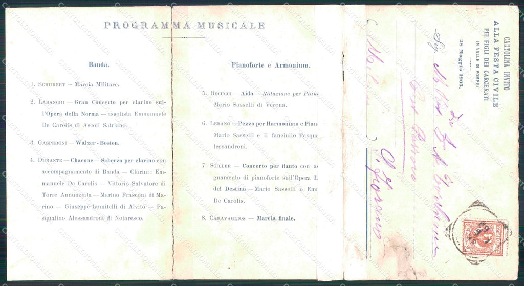 Napoli Pompei Valle di Programma Banda Musicale Tripla ABRASA cartolina MX1478 – retro