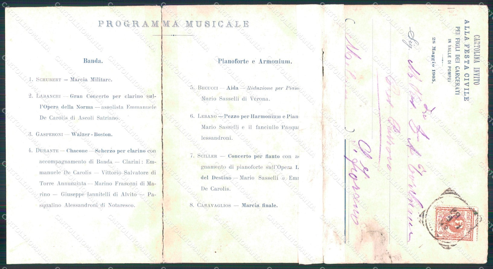 Napoli Pompei Valle di Programma Banda Musicale Tripla ABRASA cartolina MX1478 – retro