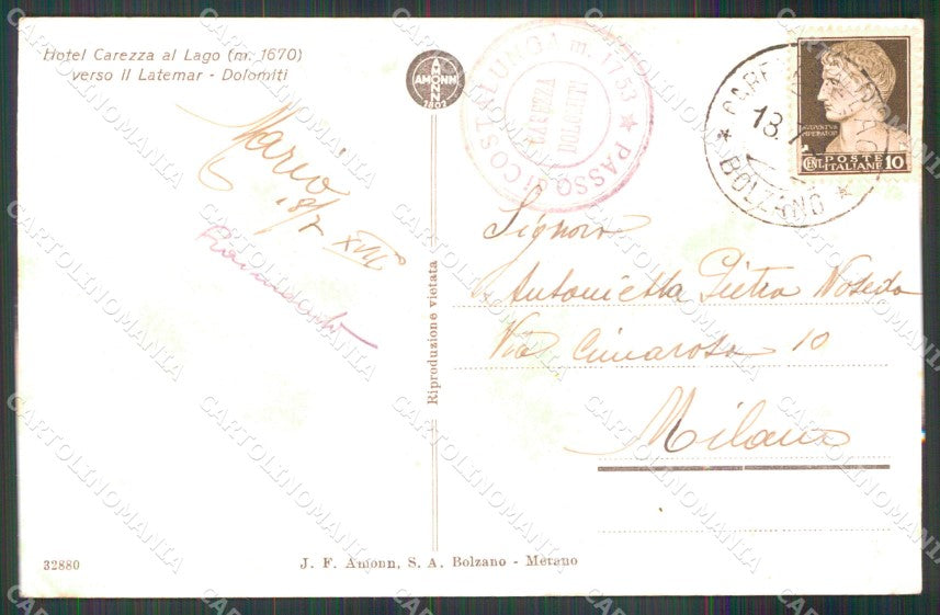 Bolzano Carezza Hotel Verso Latemar Dolomiti cartolina MX3008 – retro
