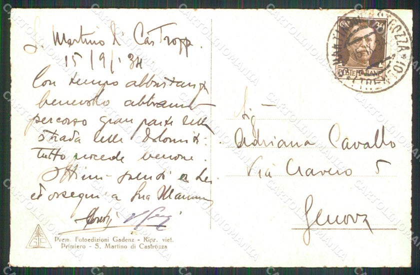 Trento San Martino di Castrozza Malga Rolle Cimone della Pala cartolina MX3062 – retro