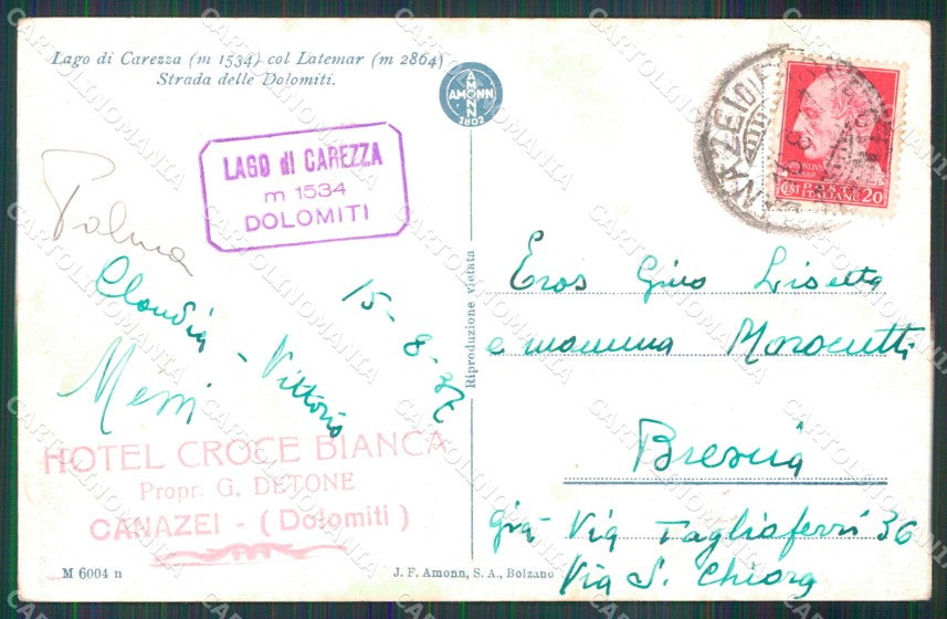 Bolzano Nova Levante Lago di Carezza Latemar cartolina MX3181 – retro