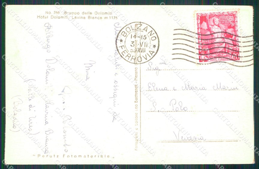 Bolzano San Cipriano Hotel Dolomiti Lavina Bianca Foto cartolina MX3742 – retro