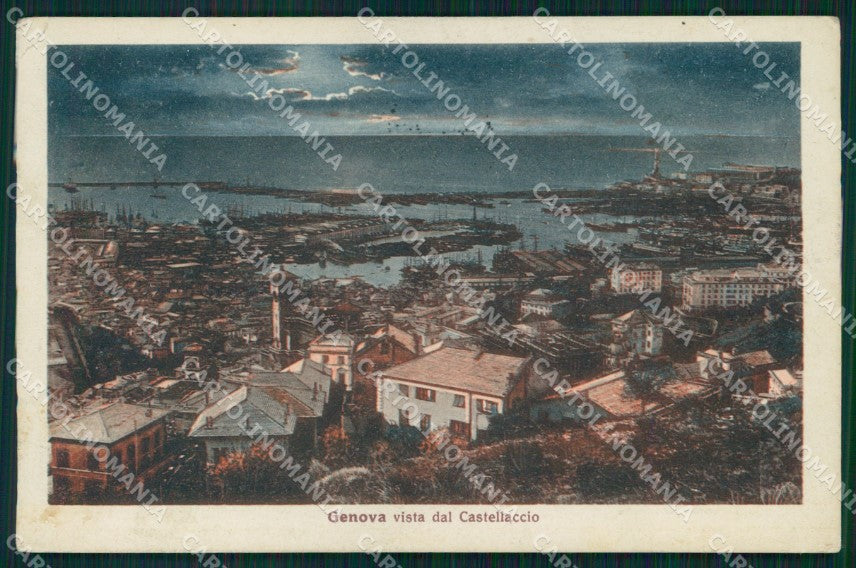 Genova Città Veduta dal Castellaccio Chiaro di Luna PIEGHINA cartolina MX3859 – fronte