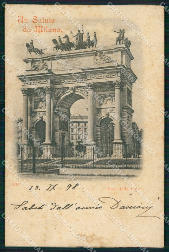 Milano Città Saluto da Arco della Pace ABRASA cartolina MX4460 – fronte