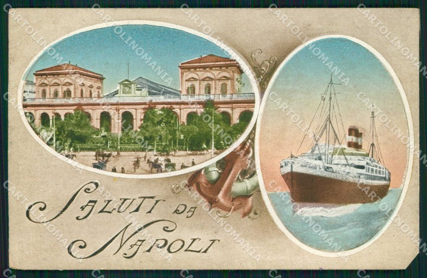 Napoli Città Saluti da Piroscafo Piazza Stazione ABRASA cartolina MX4880 – fronte