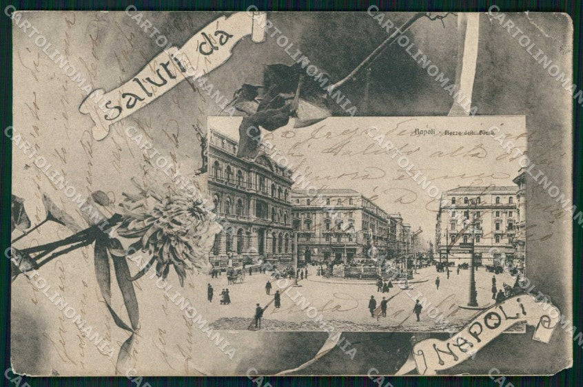 Napoli Città Saluti da Piazza Borsa ABRASA PIEGHINA cartolina MX5470 – fronte