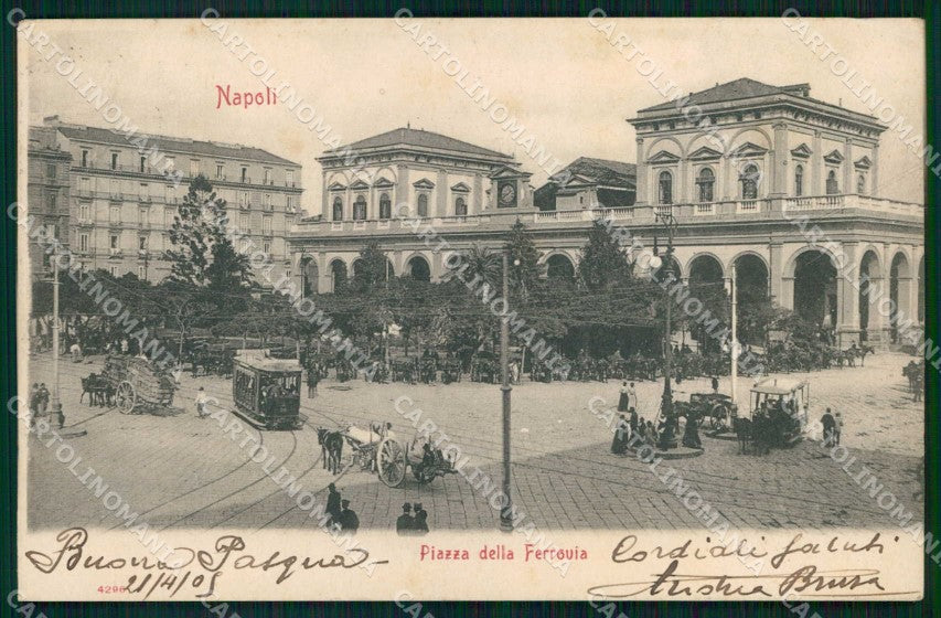Napoli Città Piazza Ferrovia Tram PIEGHINA cartolina MX5857 – fronte