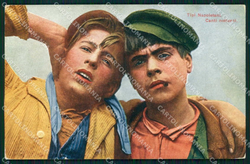 Napoli Città Tipi Napoletani Canti Notturni REINCOLLATA cartolina MX7040 – fronte