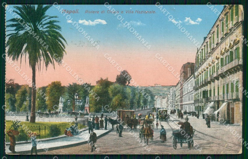 Napoli Città Riviera Chiaia Tramway Villa Nazionale PIEGHINA cartolina MX7935 – fronte