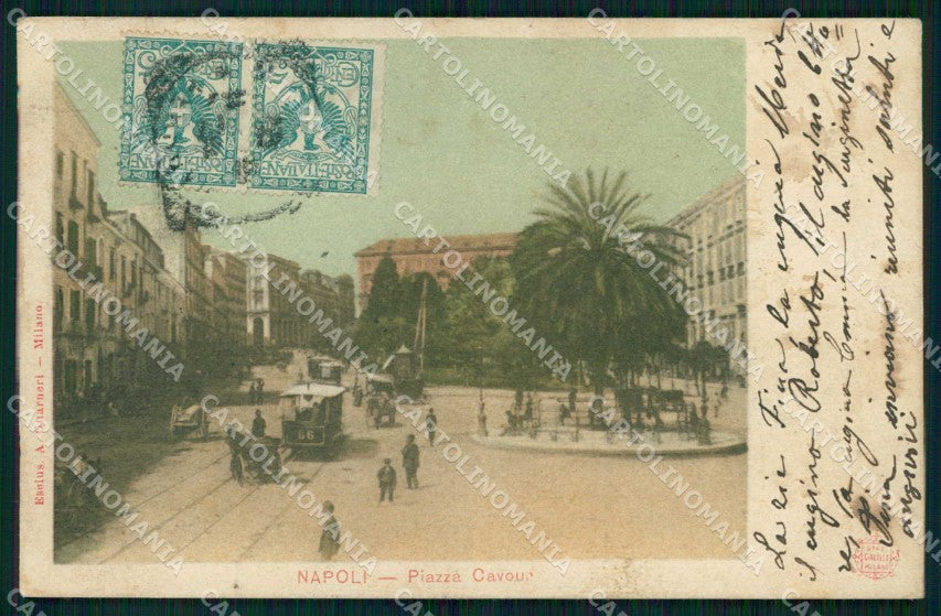 Napoli Città Piazza Cavour Tramway MACCHIE cartolina MX7956 – fronte