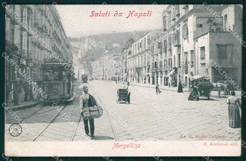 Napoli Città Saluti da Tram Mergellina Alterocca 5798 PIEGHINA cartolina MX8233 – fronte