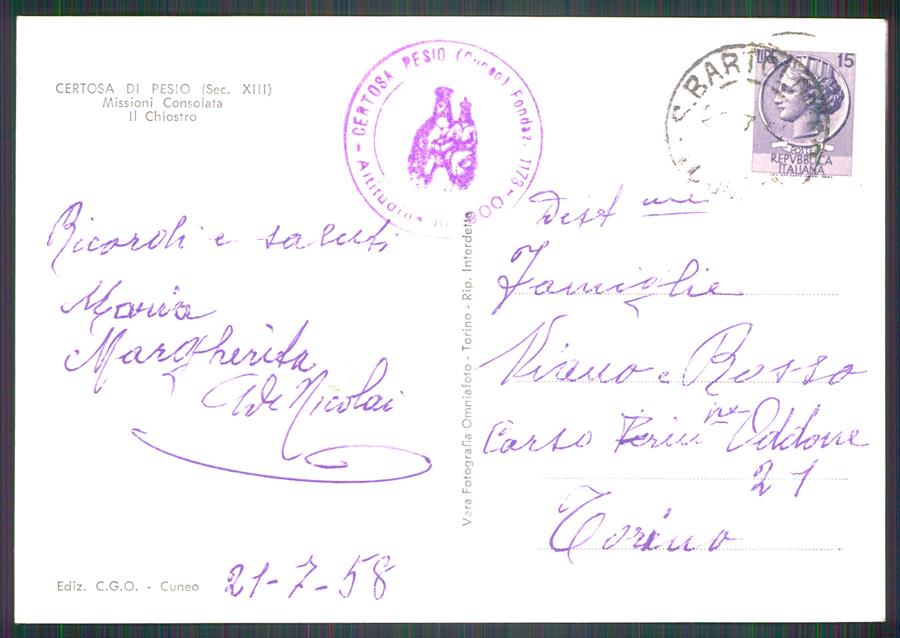 Cuneo Chiusa di Pesio Certosa di Foto FG cartolina MZ0267 – retro