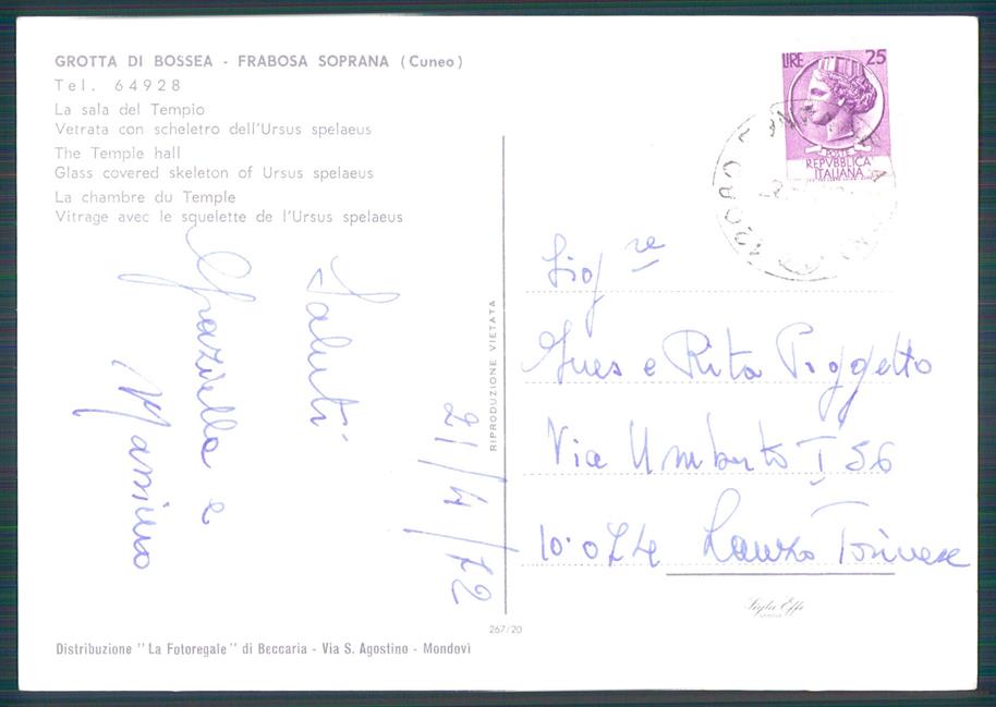 Cuneo Frabosa Sottana Grotte di Bossea Foto FG cartolina MZ0325 – retro