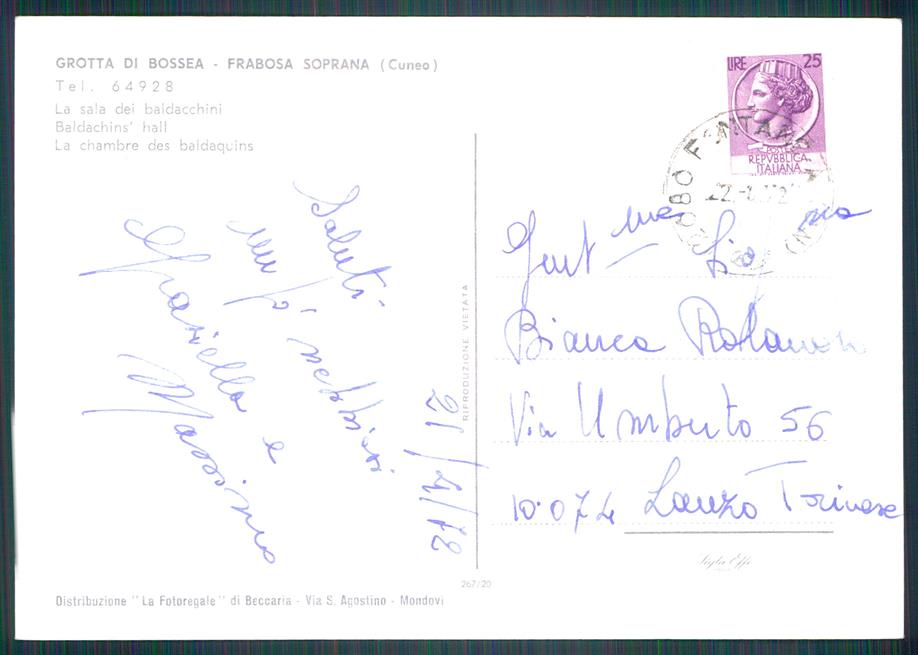 Cuneo Frabosa Sottana Grotte di Bossea Foto FG cartolina MZ0326 – retro