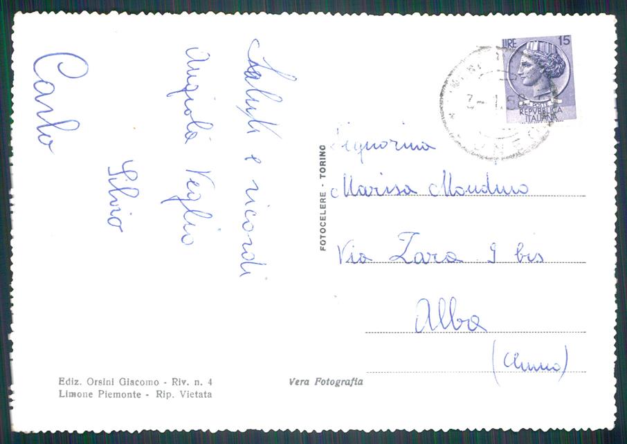 Cuneo Limone Piemonte Capanna Chiara Nevicata Sci Foto FG cartolina MZ0403 – retro