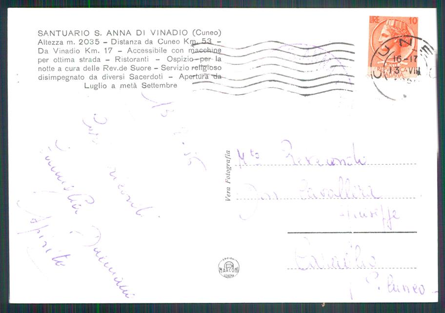 Cuneo Vinadio Santuario Sant'Anna Foto FG cartolina MZ0613 – retro