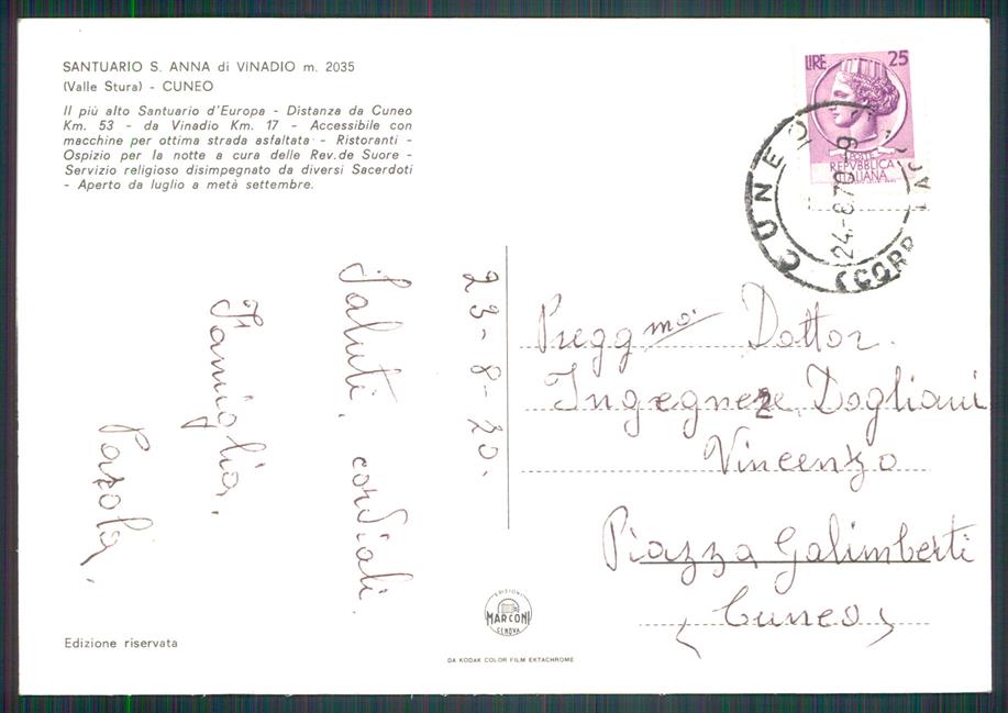 Cuneo Vinadio Santuario Sant'Anna Foto FG cartolina MZ0614 – retro