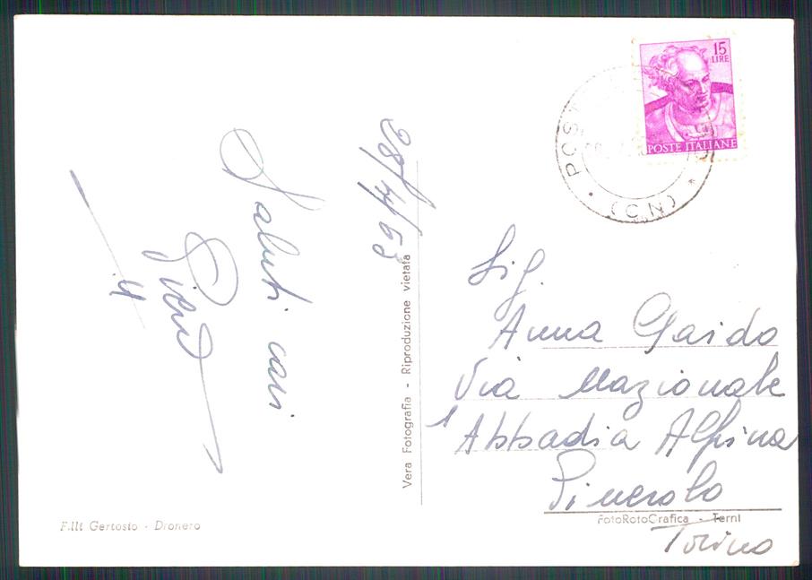 Cuneo Dronero Saluti da Stelle Alpine Foto FG cartolina MZ1143 – retro