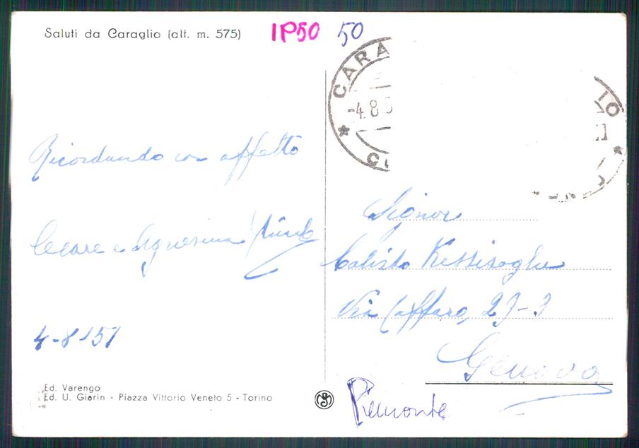Cuneo Caraglio COLLA PIEGHINA FG cartolina MZ1354 – retro