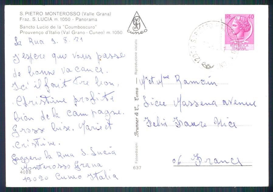 Cuneo Monterosso Grana San Pietro Santa Lucia Foto FG cartolina MZ1442 – retro