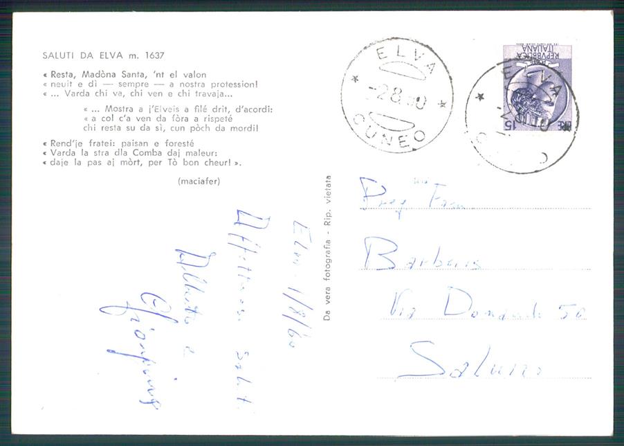 Cuneo Elva Madonna del Vallone Foto FG cartolina MZ1933 – retro