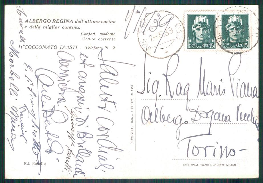 Asti Cocconato Albergo Regina FG cartolina MZ2105 – retro