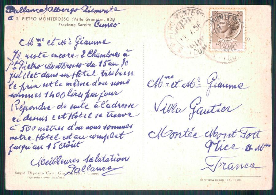 Cuneo Monterosso Grana San Piatro Saretto FG cartolina MZ2107 – retro