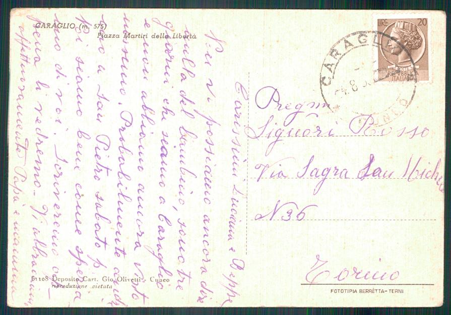 Cuneo Caraglio Piazza Martiri della Libertà PIEGA FG cartolina MZ2140 – retro
