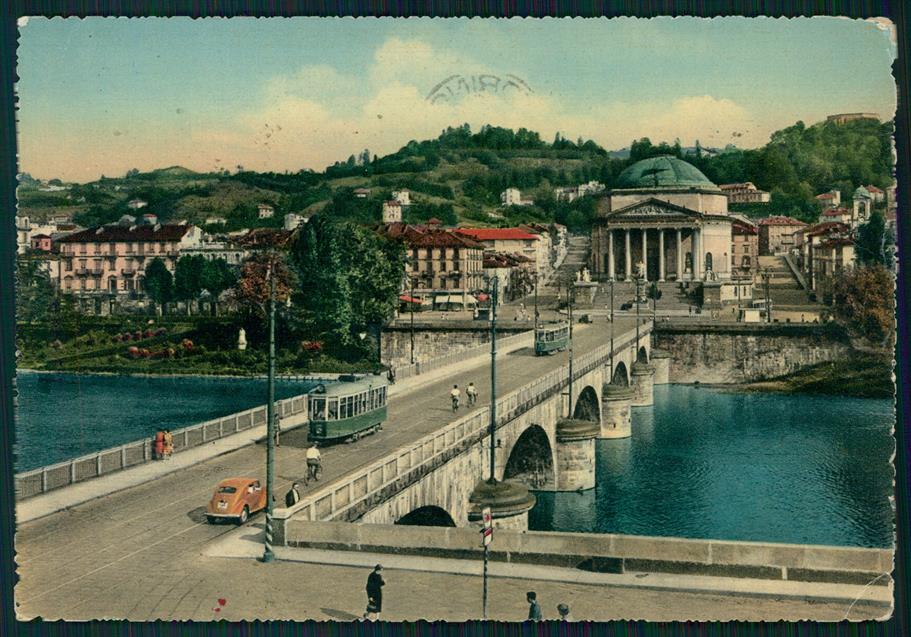Torino città Ponte Vittorio Emanuele I Tram Auto PIEGA FG cartolina MZ2975 – fronte