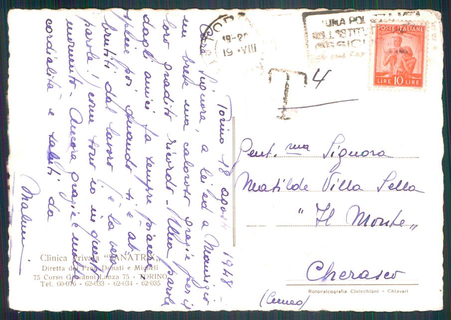 Torino città Clinica Privata Sanatrix Auto FG cartolina MZ3102 – retro