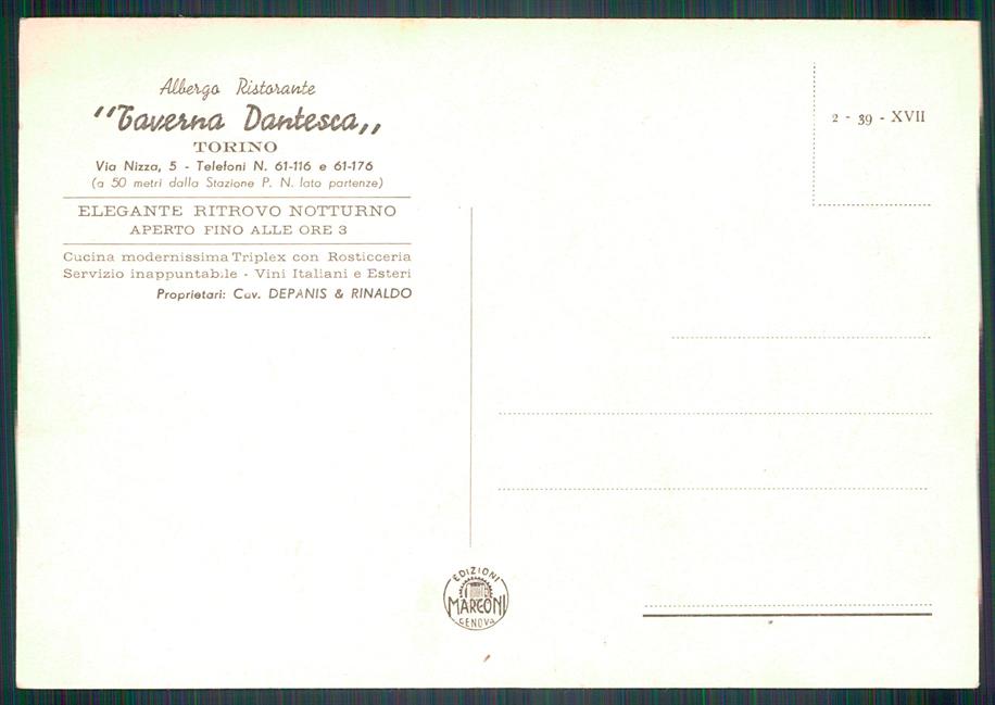 Torino città Via Nizza Taverna Dantesca FG cartolina MZ3124 – retro