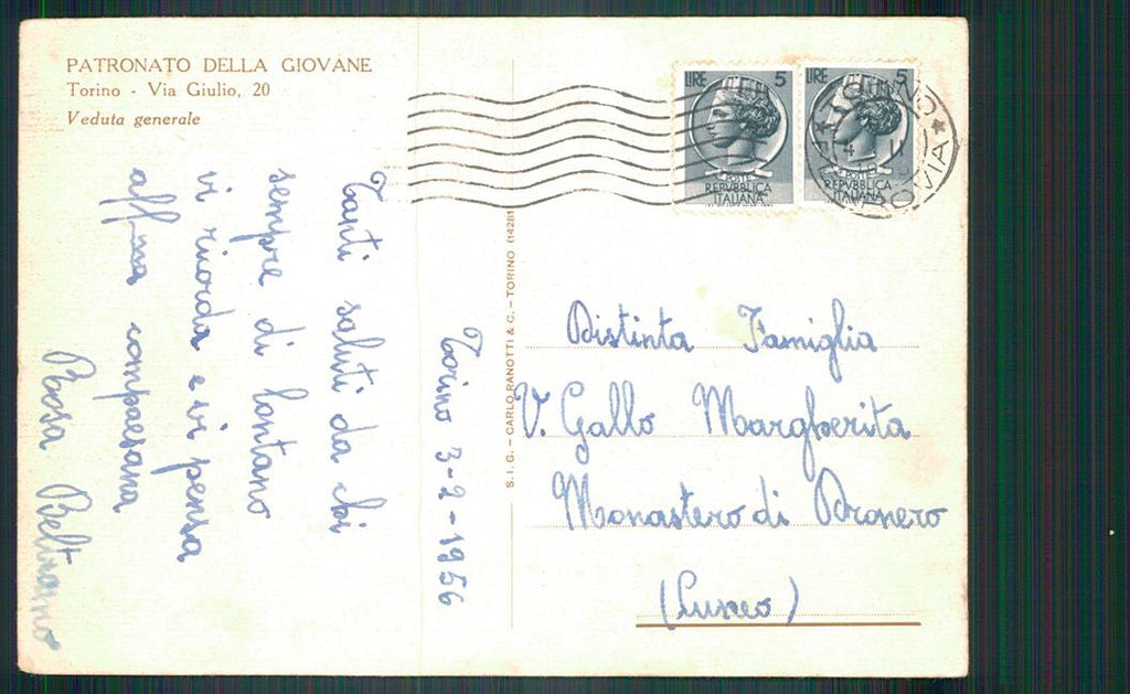Torino città Via Giulio Patronato della Giovane PIEGA FG cartolina MZ3684 – retro