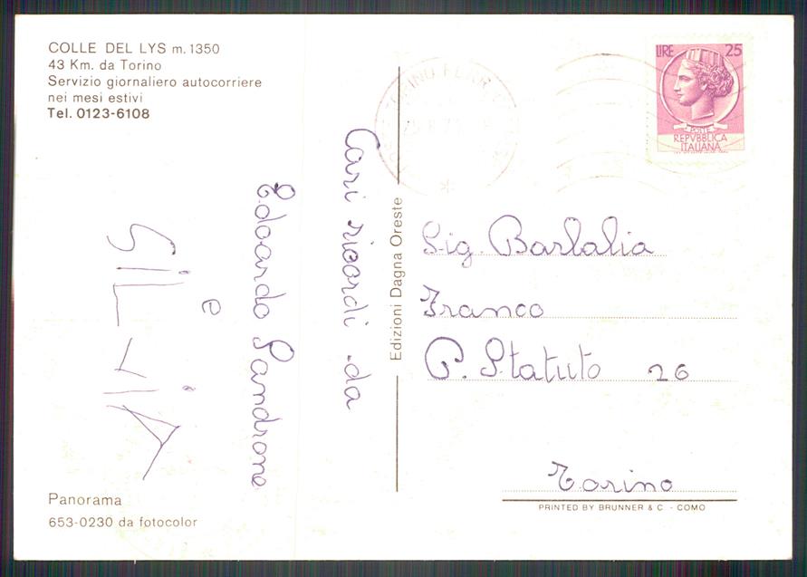 Torino Colle del Lys Monti Rognoso e Civrari Foto FG cartolina MZ3776 – retro
