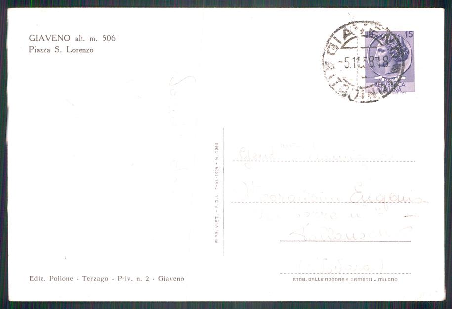 Torino Giaveno Piazza San Lorenzo FG cartolina MZ3826 – retro