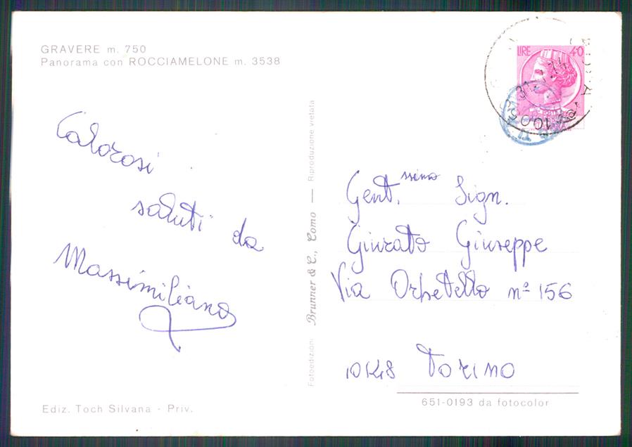 Torino Gravere Panorama Rocciamelone Foto FG cartolina MZ3901 – retro