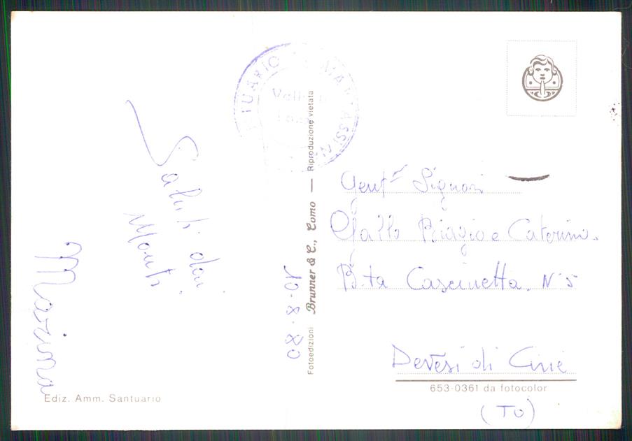 Torino Ala di Stura Martassina Santuario di PIEGHE FG cartolina MZ4127 – retro