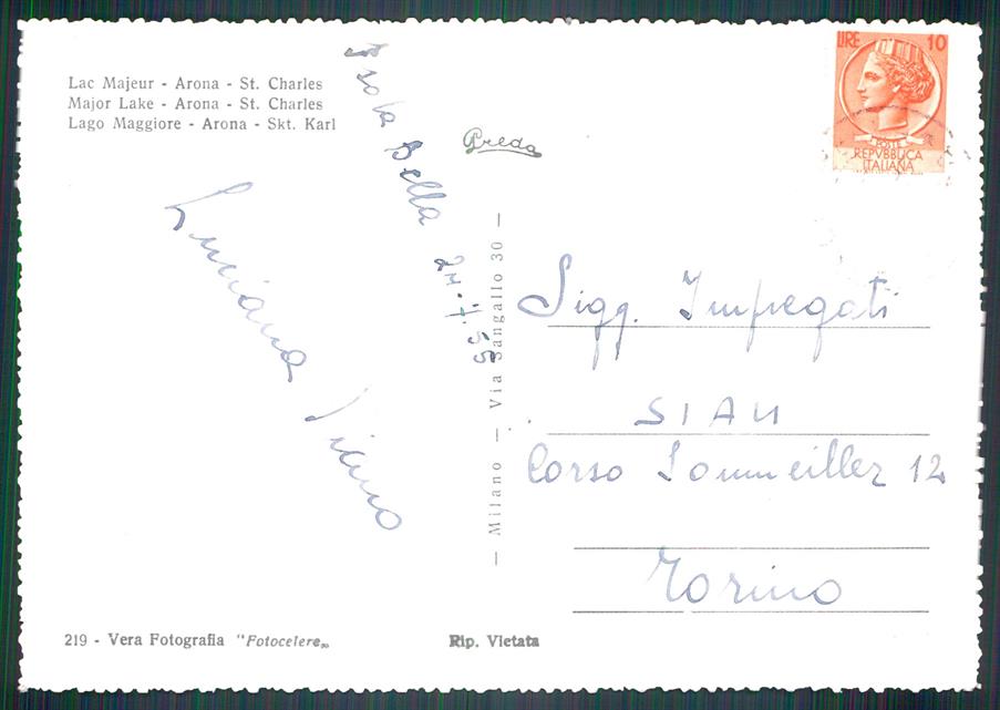 Novara Arona San Carlo Lago Maggiore Foto FG cartolina MZ4357 – retro
