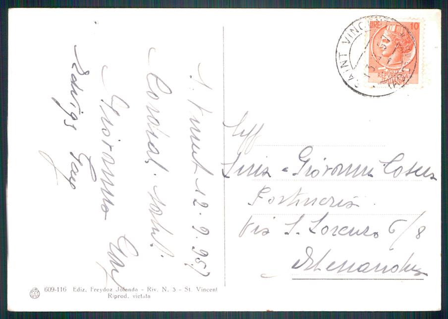 Aosta Saint Vincent Saluti da FG cartolina MZ4491 – retro