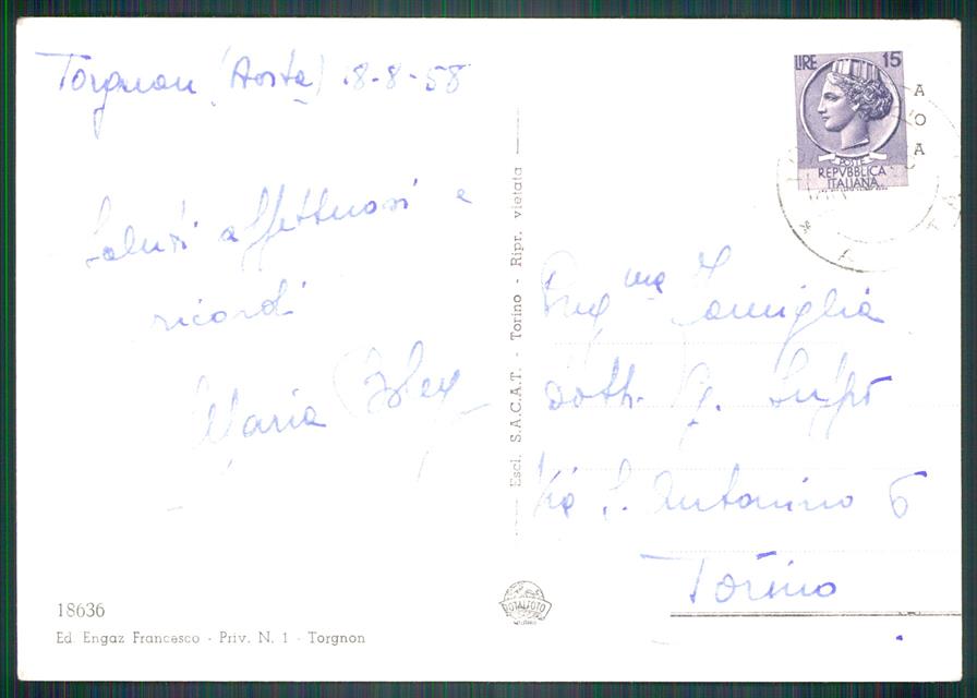 Aosta Torgnon Saluti da Stelle Alpine Foto FG cartolina MZ4547 – retro