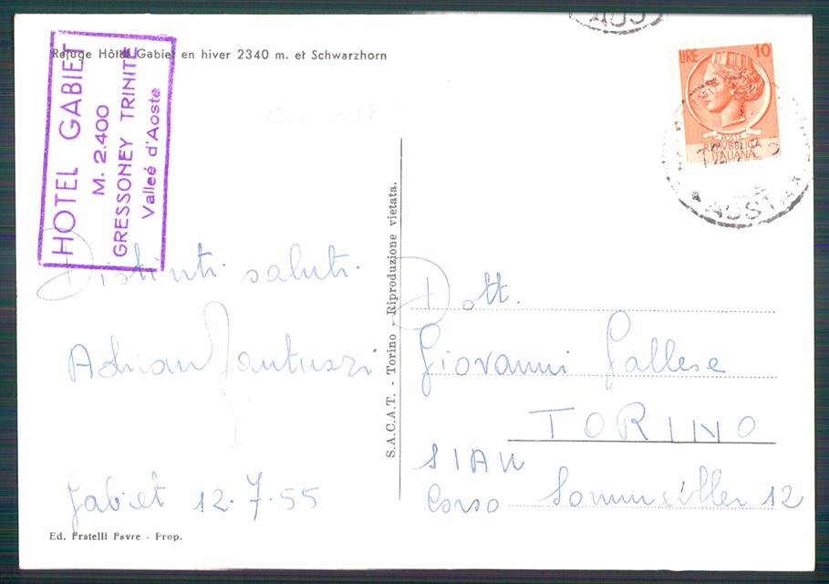 Aosta Gressoney Rifugio Gabiet Schwarzhorn PIEGA Foto FG cartolina MZ4704 – retro