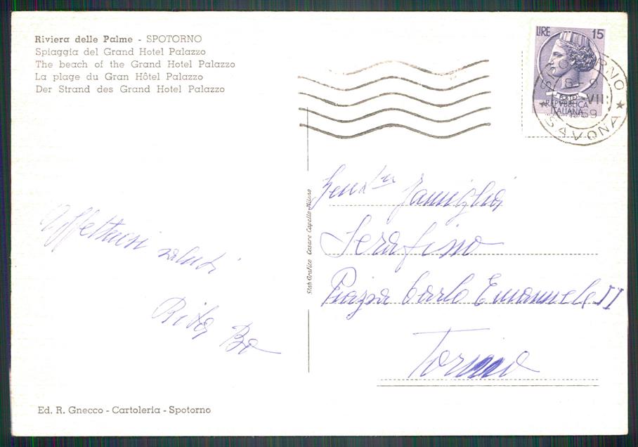 Savona Spotorno Spiaggia FG cartolina MZ4906 – retro