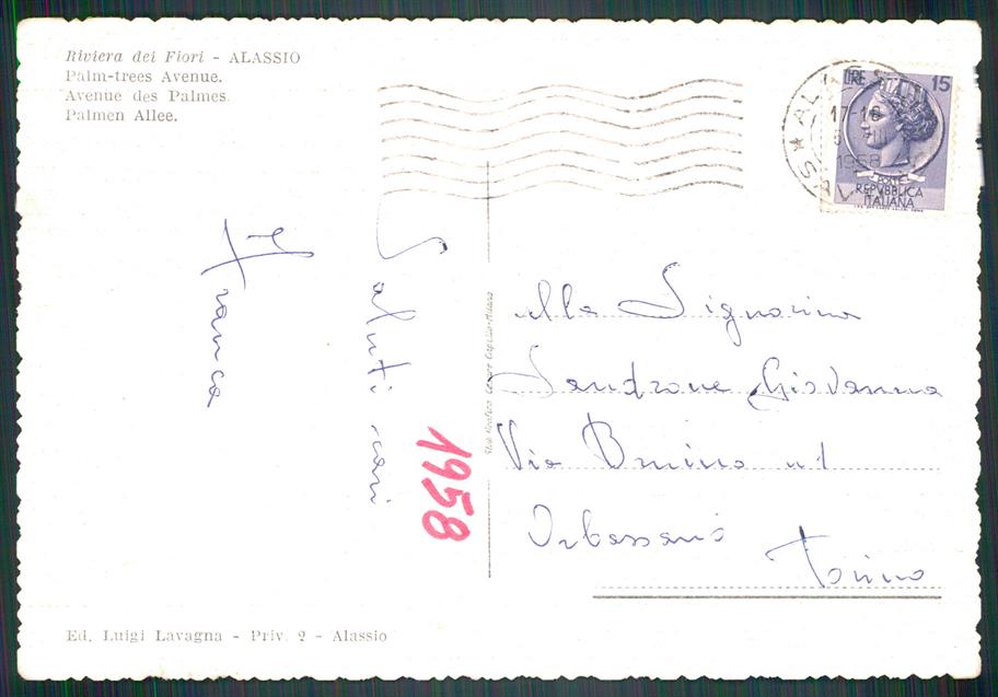Savona Alassio Viale delle Palme Auto FG cartolina MZ4916 – retro