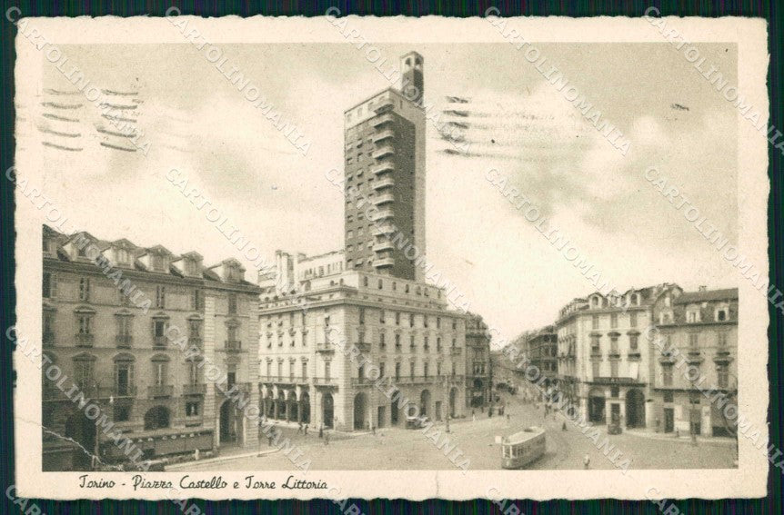 Torino Città Piazza Castello Tram Torre Littoria PIEGHINA cartolina MZ5639 – fronte