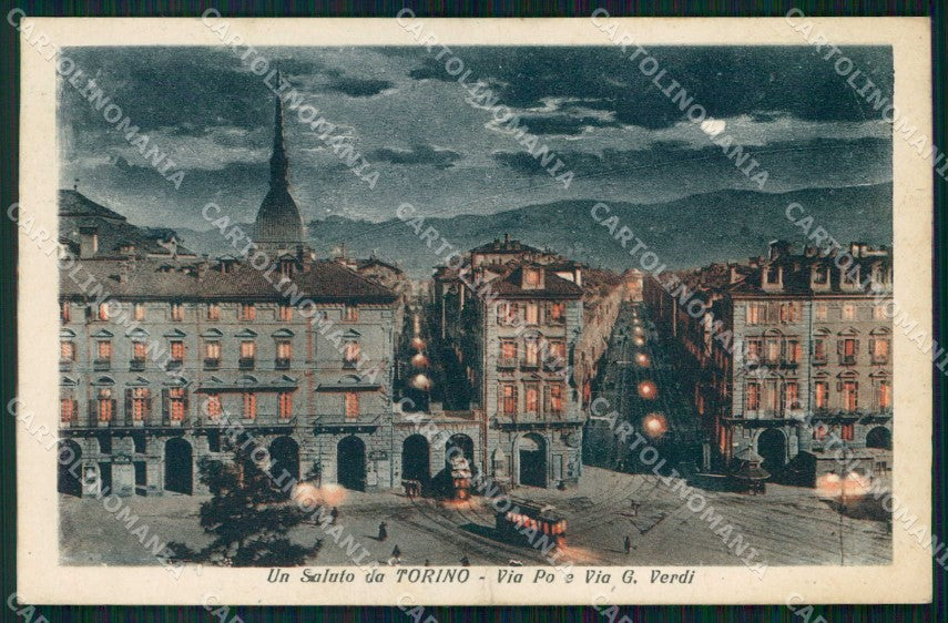 Torino Città Saluto da Via Po Tram Chiaro di Luna PIEGATA cartolina MZ5993 – fronte