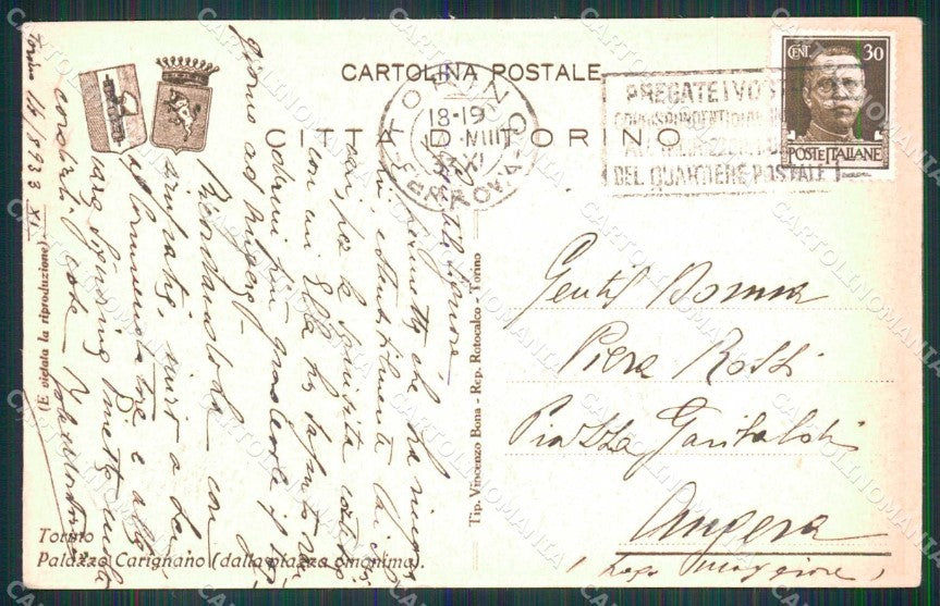 Torino Città Palazzo Carignano Fascismo cartolina MZ6041 – retro