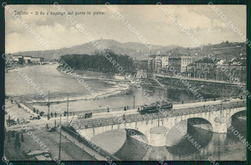 Torino Città Fiume Po Superga dal Ponte in Pietra Tram PIEGHINA cartolina MZ6154 – fronte
