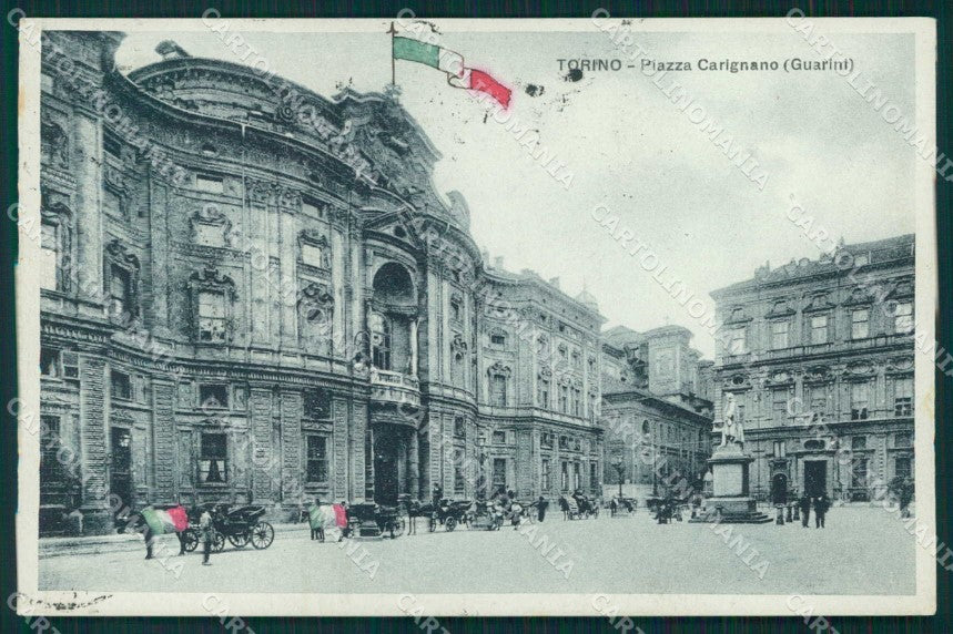 Torino Città Palazzo Carignano Bandiere Tricolore ABRASA cartolina MZ8125 – fronte